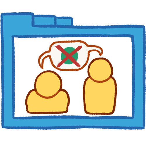 A hollow blue folder with thick lineart. It contains two simple emoji yellow people. Both of them speak the same speech bubble, which has a green circle with a large red X over it.